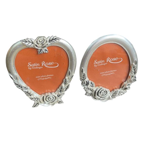 Pair VTG Ornate Silver Plate Oval Heart Picture Frames Satin Rose Godinger HLBN - Picture 1 of 4